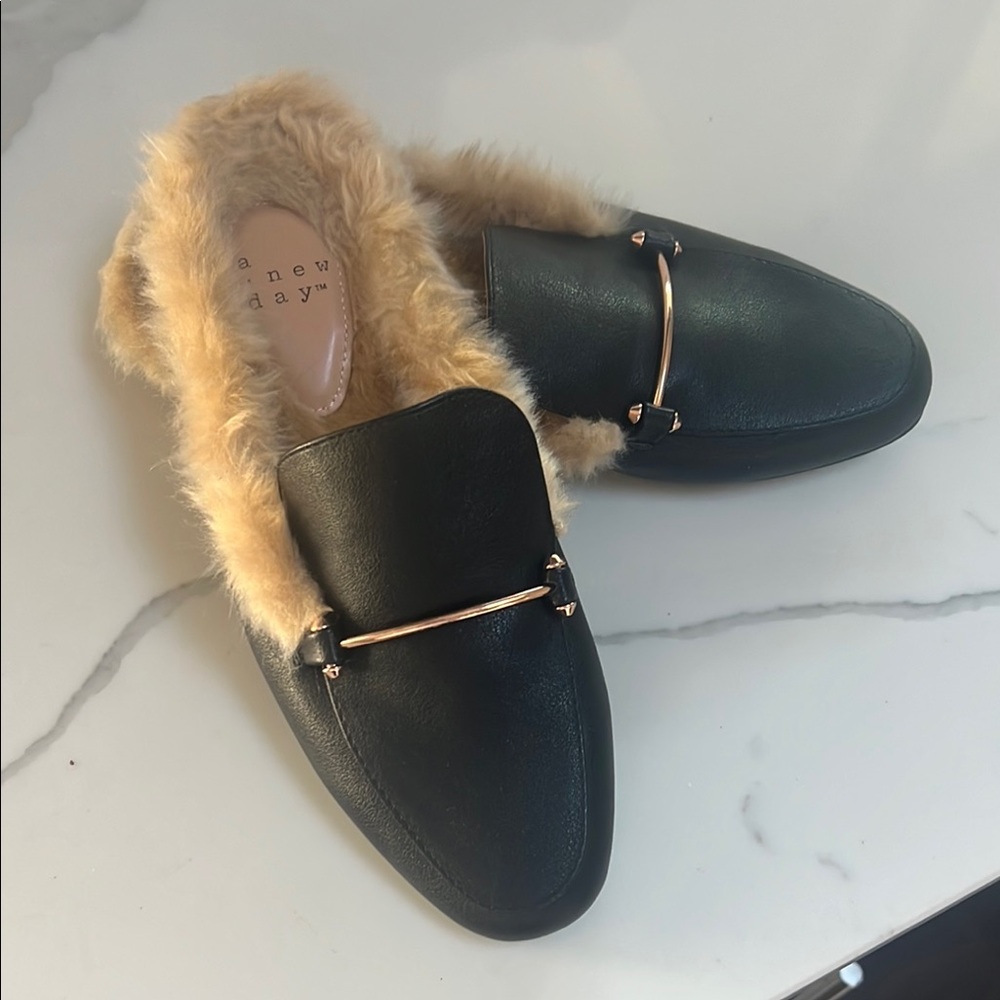 A New Day Black and Cream Loafers with Gold Accent